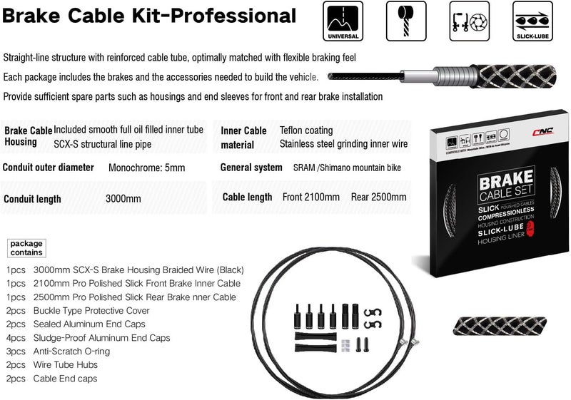 CNC Mountain Bike Brake Cable Kit,Bicycle Brake Cable Housing Coated Braided & Teflon Inner line For MTB（Black/Gold/Silver/Titanium silver） - Image 2